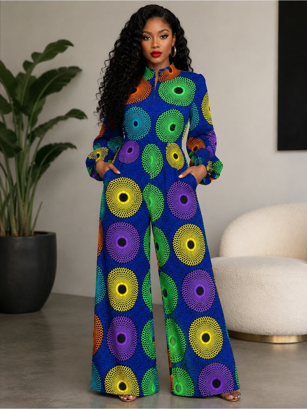 African Print Vibrant Blue Multi-Color Wide-Leg Jumpsuit
